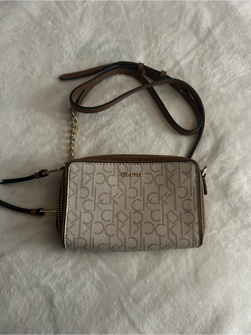 Calvin Klein Cream Logo Crossbody with Brown Trim and Strap